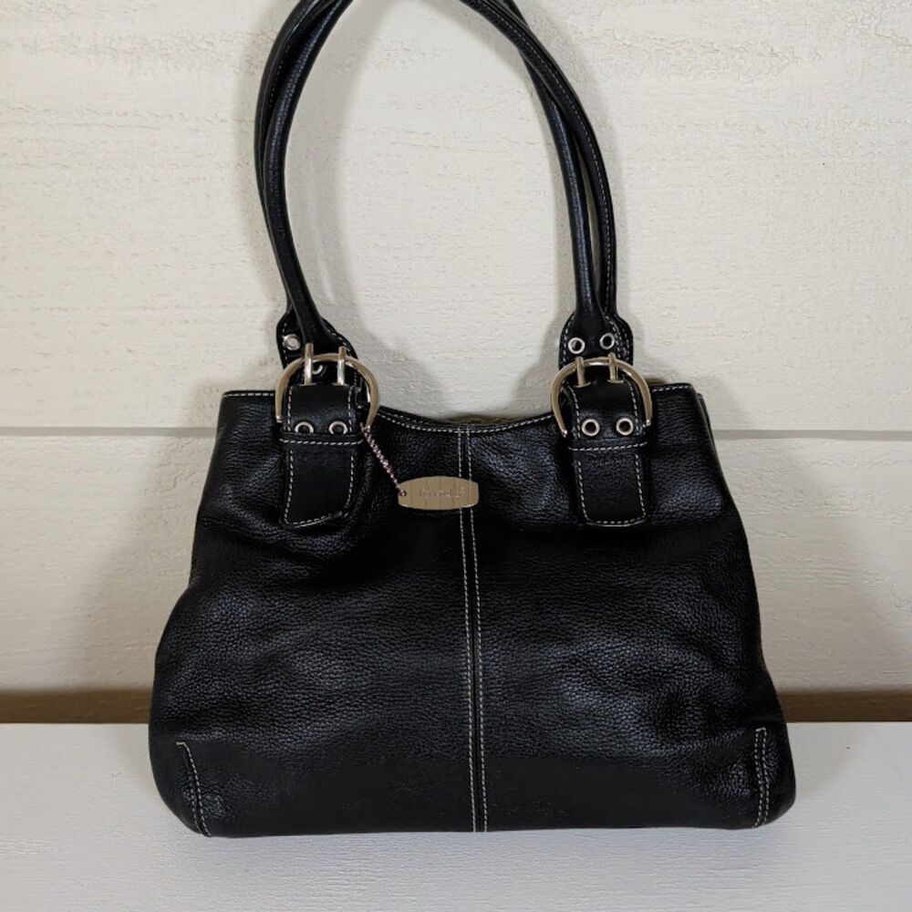 Tignanello Black Pebbled Leather Shoulder Bag - Silver Buckle Accents